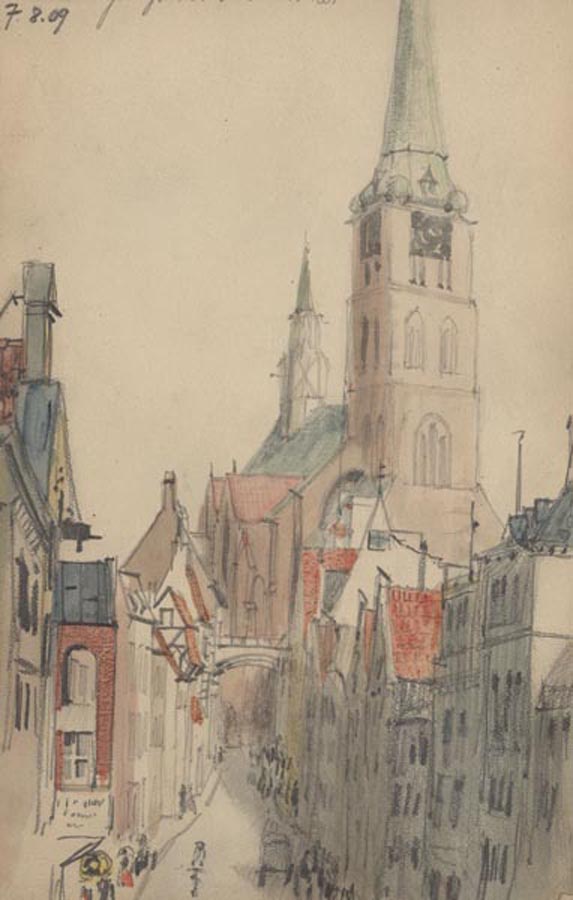   Julius Ralph Davidson, St. Jakobi Kirche, Lübeck, Germany, 1909, watercolor and pencil in sketchbook.  