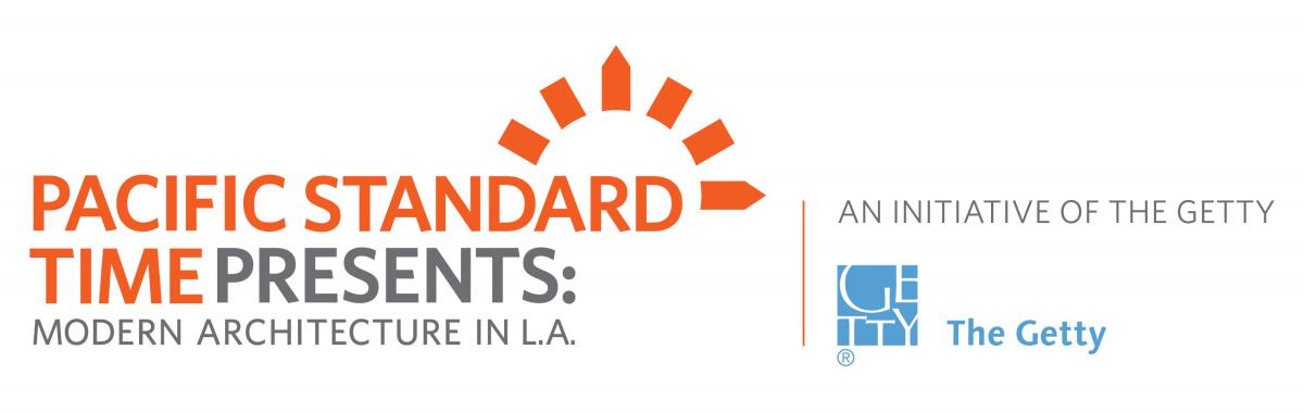 logo of the Pacific Standard Time presents Modern Architecture in L.A. with sundial and the words, "An Initiative of the Getty" with the Getty Foundation logo