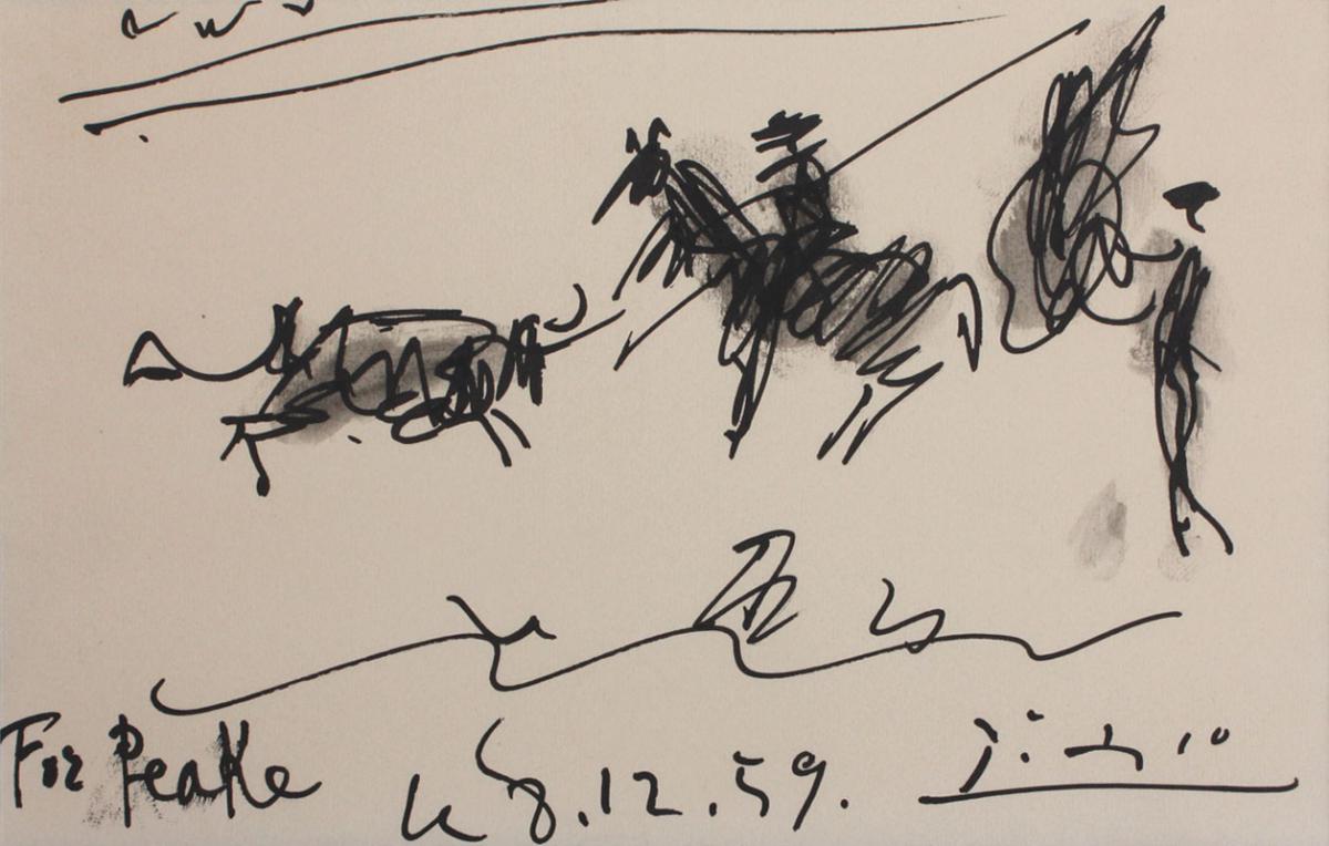 sketch of bull and matador by Picasso with annotation "For Peake, 8.12.59"