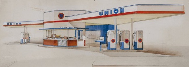 drawing by Kem Weber of a Union Minute Man Station with two canopy wings 