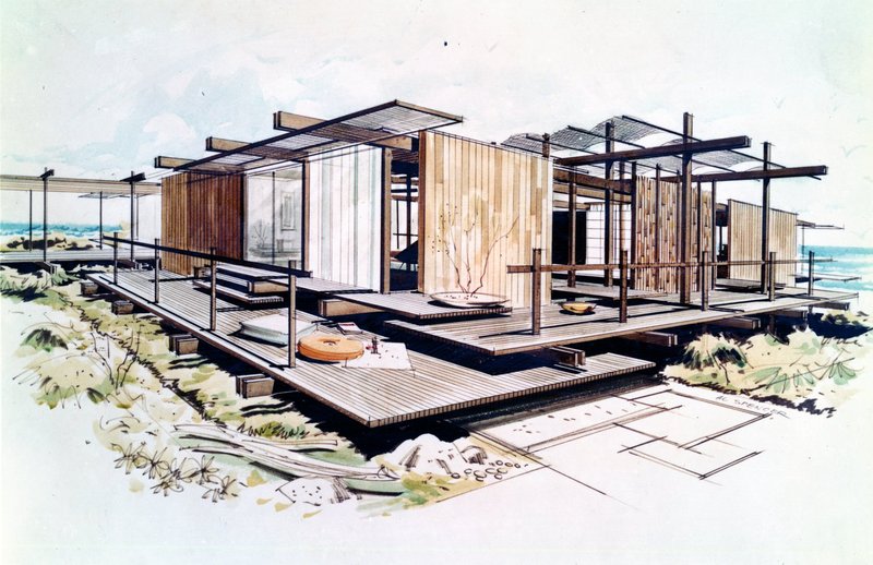drawing of the Orange County Home Show house with screens, opening between panels, and extended beams connecting indoor and outdoor spaces