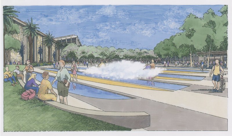 drawing of a fountain in front of the Main Library.  The fountain consists of strips of water with fog above the water.