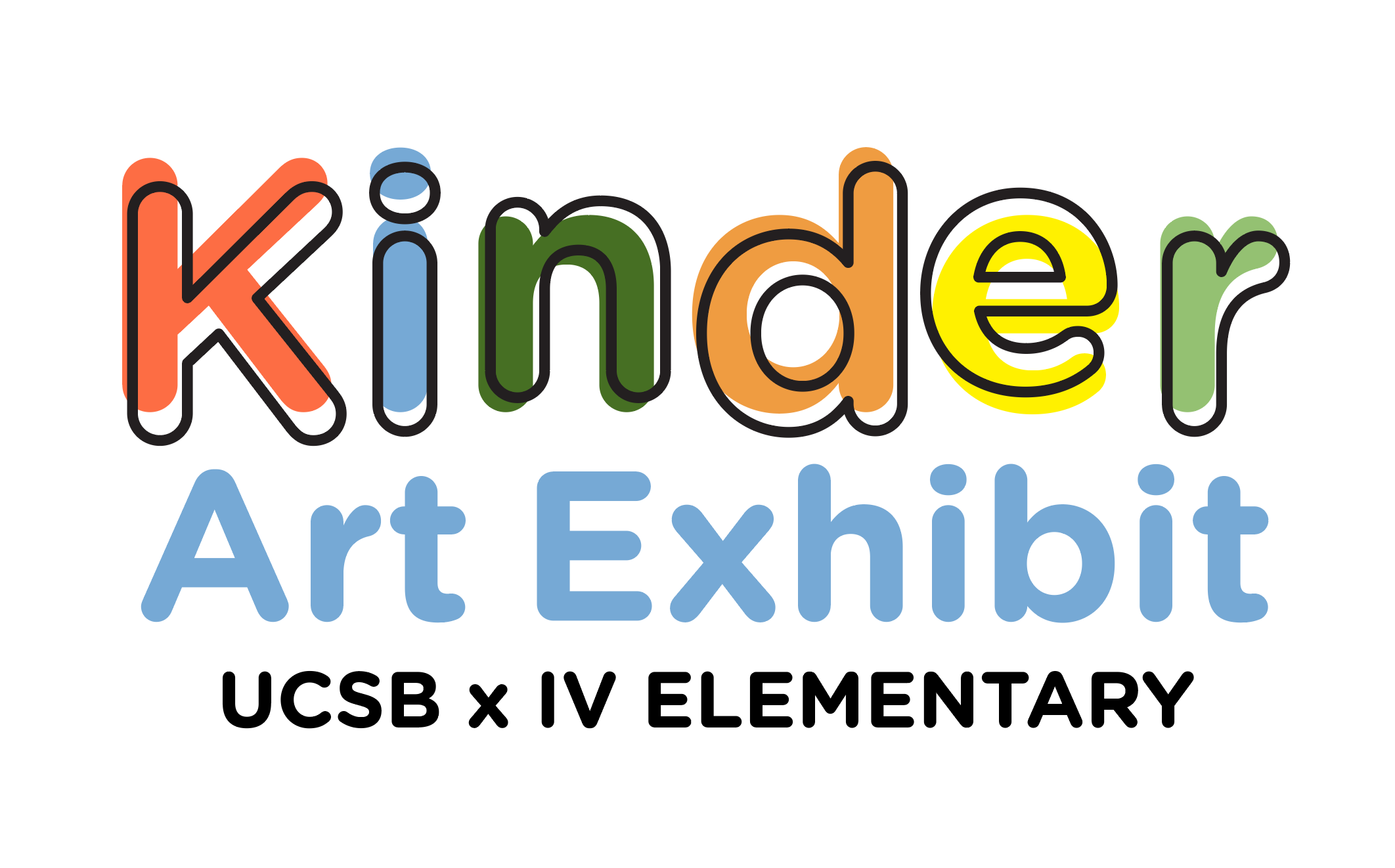 Colorful text "Kinder Art Exhibit" and black text "UCSB x IV Elementary" on white background