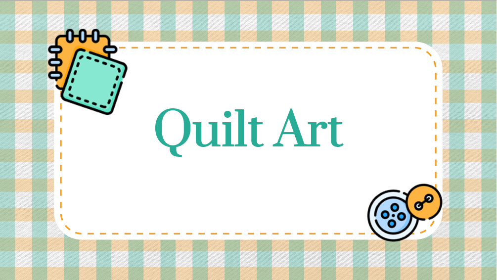 Quilt Art in light green text on white rectangle on top of light green and yellow cross-hatched block lines shaped like a quilt