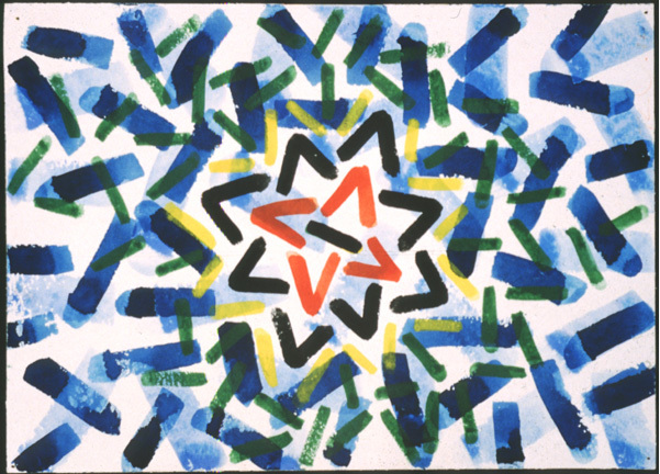 Tom Wudl, Untitled, 1981. Watercolor. Blue, red, yellow markings on white background.