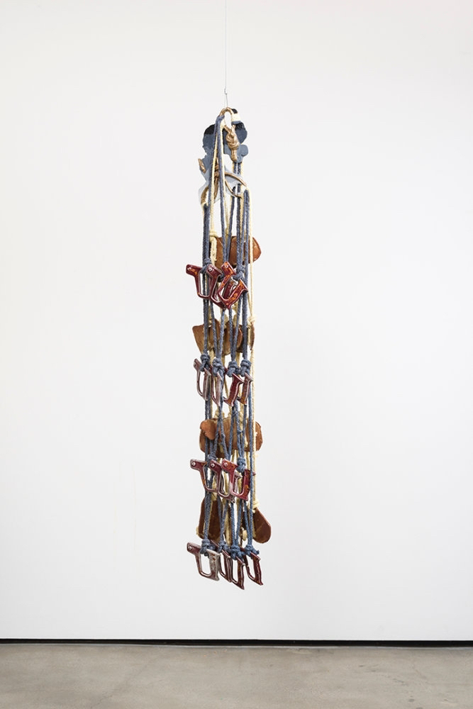 Katy Cowan, Ropes, Days, Nights, Handles, Netting, and Poem Variation, 2016. Bronze, oil paint, braided rope, ceramic