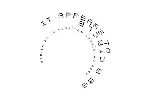 It Appears to Be a Circle / Marisa de la Peña, Tom Dunn, Chad Ress in black and white text forming a circular pattern (MFA Thesis Exhibition UC Santa Barbara 2022)