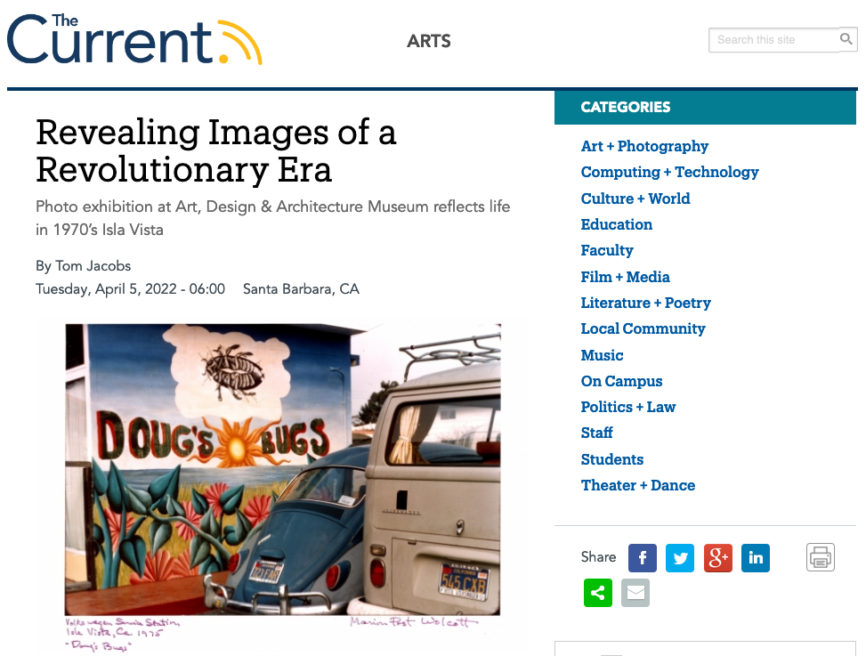 The Current review - text and photo of colorful mural next to two Volkswagen cars, a Beetle and a Van.