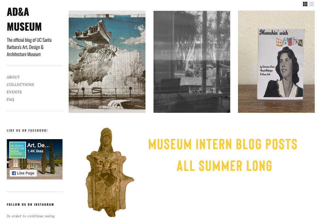 Four different images - mural, photograph, zine, sculpture - on white background with words "AD&A Museum official blog" in black font; and "Museum Intern Blog Posts All Summer Long" in gold font.