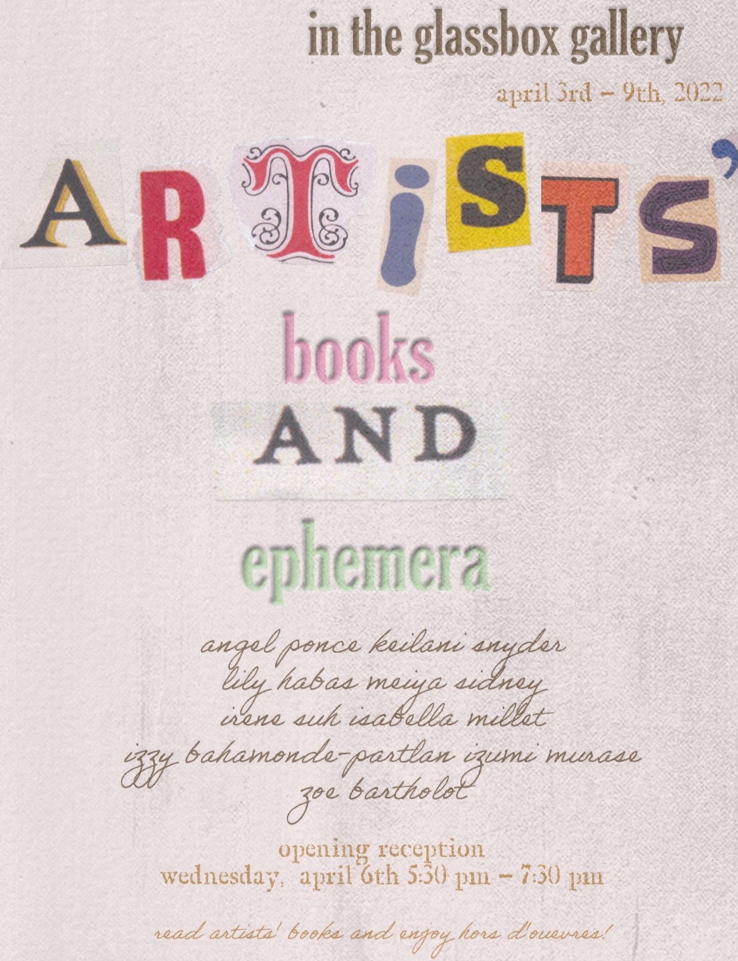 Artists' Books and Ephemera text in different colors and fonts