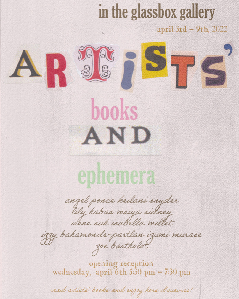 Artists' books and ephemera in different colors and fonts.