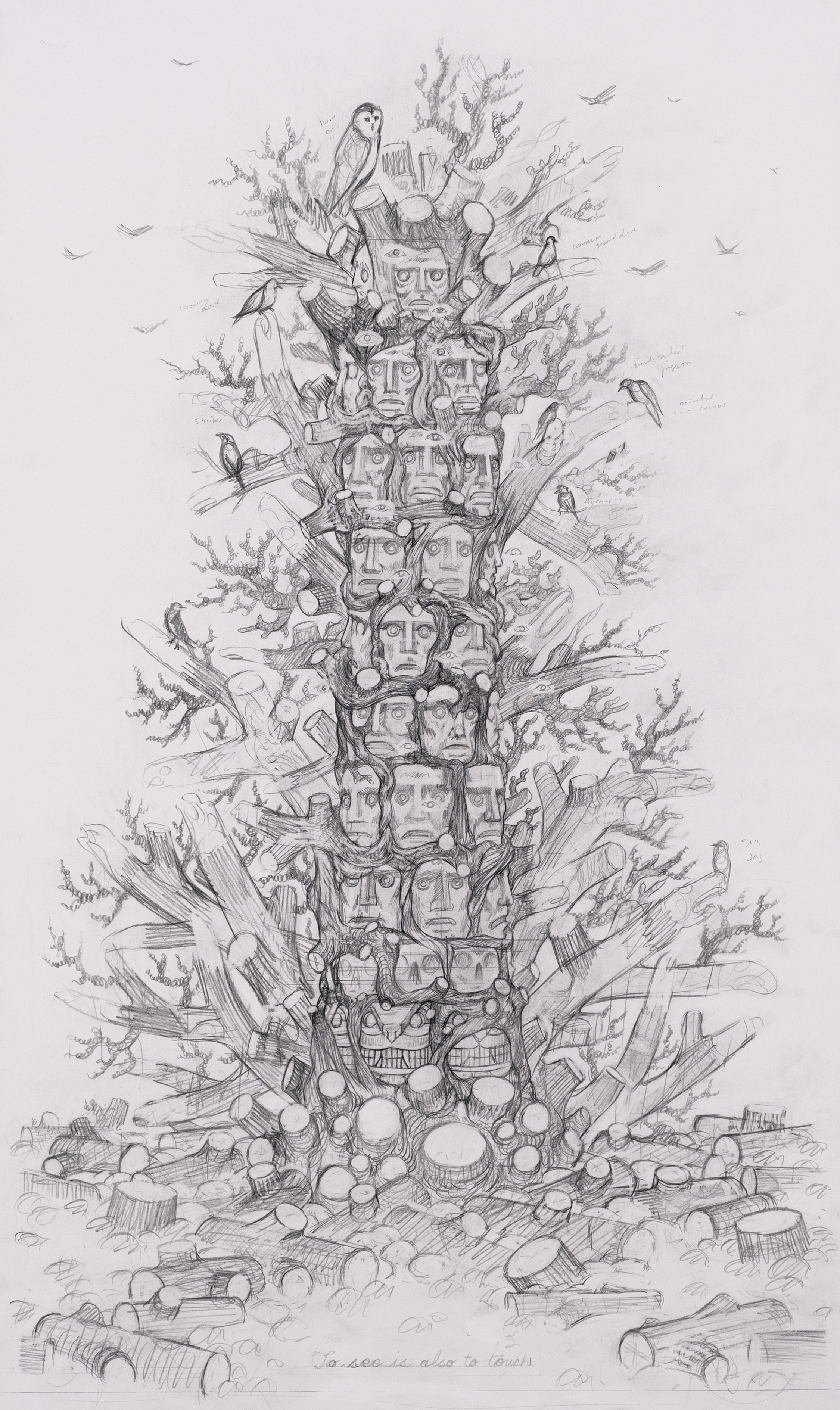 Eric Beltz, in-progress drawing of Medusa's Totem Pole, 2014, graphite on Bristol. Courtesy of the artist. Photo by Tony Mastres.